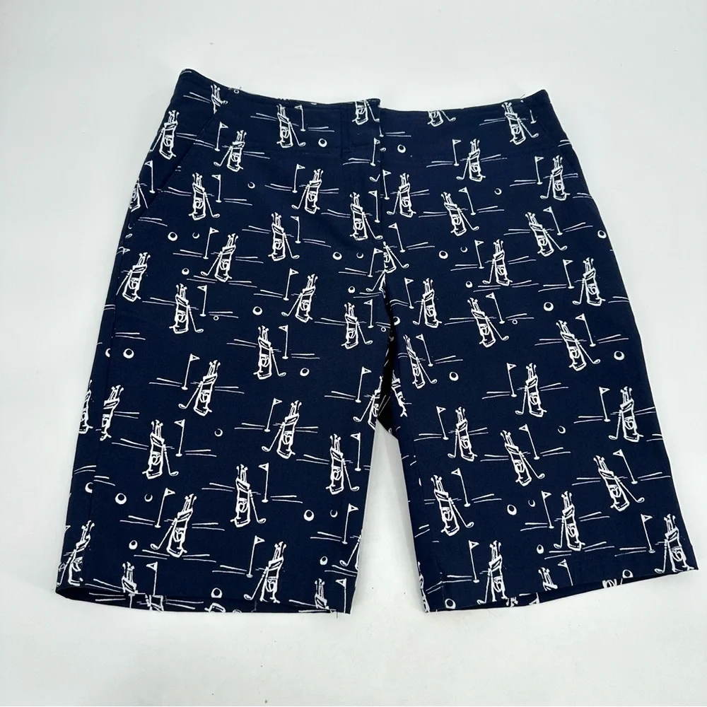 IZOD GOLF Shorts Women’s 4 Dark Blue Golf Bag Print Classic Preppy Vacation